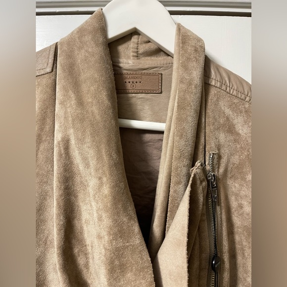Suede faux leather tan moto jacket NWT with asymmetrical zip drape hem - Picture 2 of 7